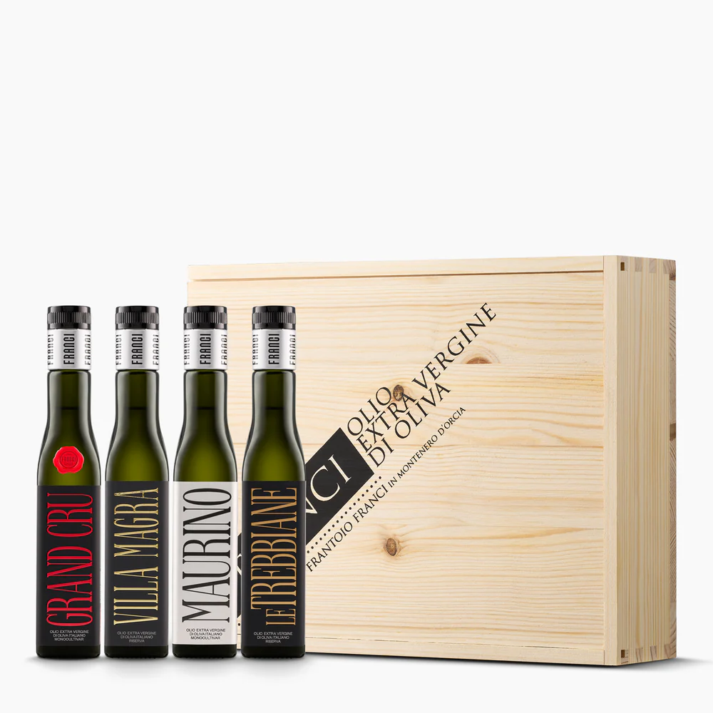 Frantoio Franci Large Wooden Box Gift Set — Frantoio, Moraiolo, Leccino, Blend from Montenero d'Orcia, Tuscany