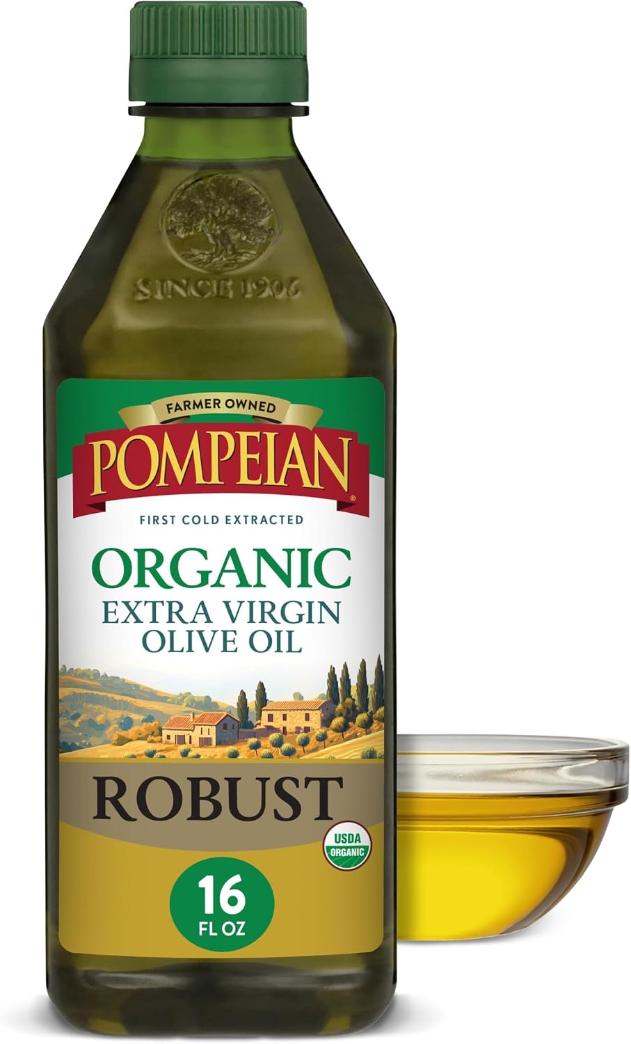 Pompeian Robust Organic Extra Virgin Olive Oil, 16 Fl Oz (Pack of 5) — Mediterranean blend from Mediterranean groves, bottled in Baltimore