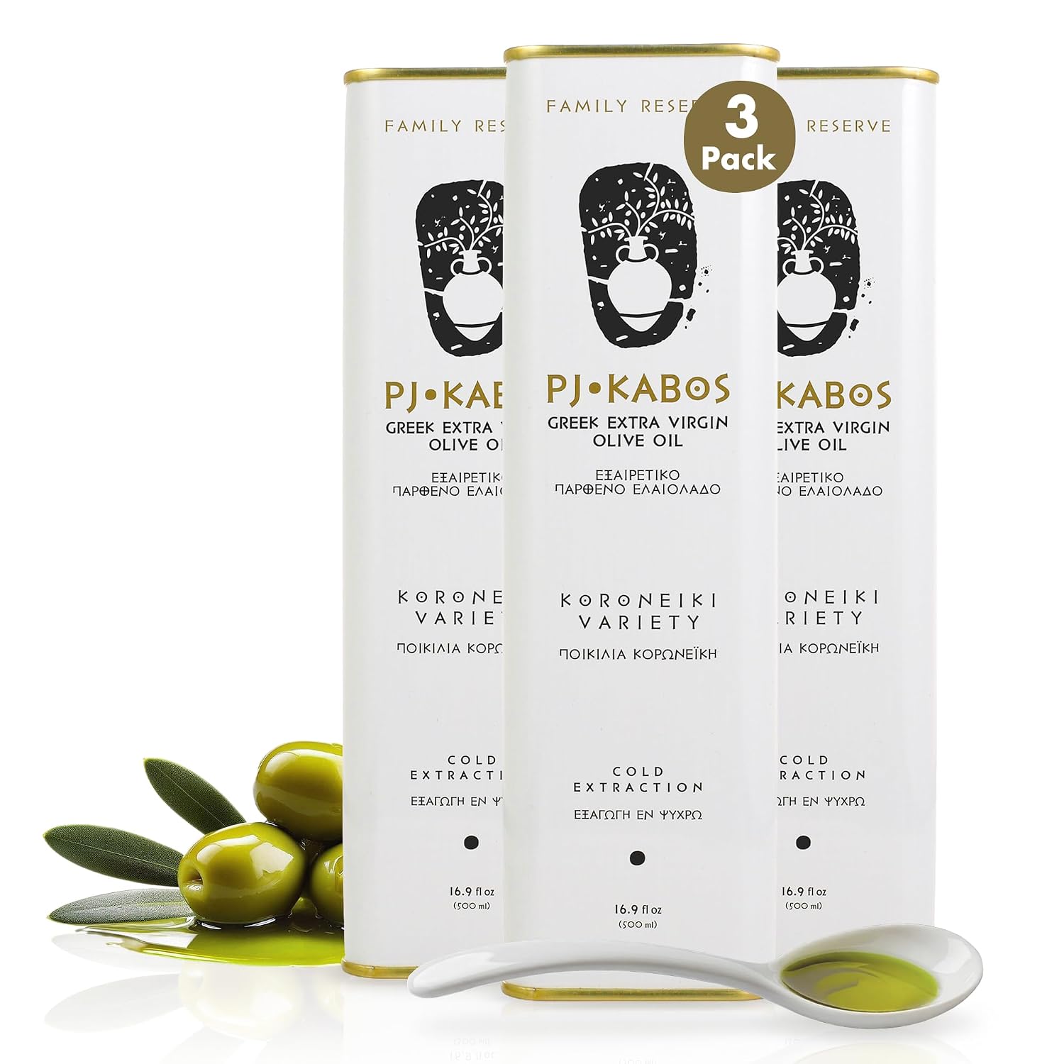 P.J. KABOS Fresh 2025/26 Harvest Family Reserve — Medium Greek Extra Virgin Olive Oil (3-Pack Tin) — Koroneiki from Kalamata, Messenia, Peloponnese
