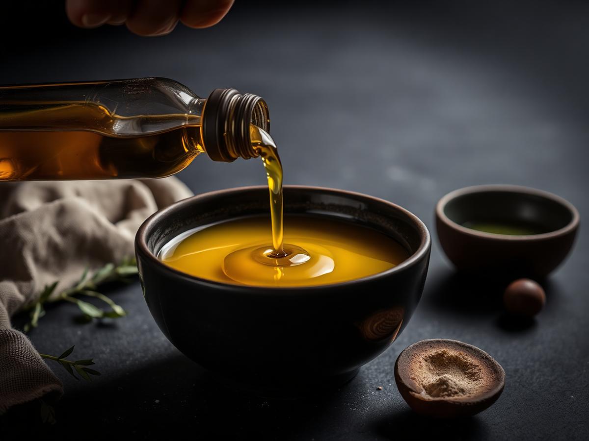 Green olive oil poured into a dark ceramic tasting bowl